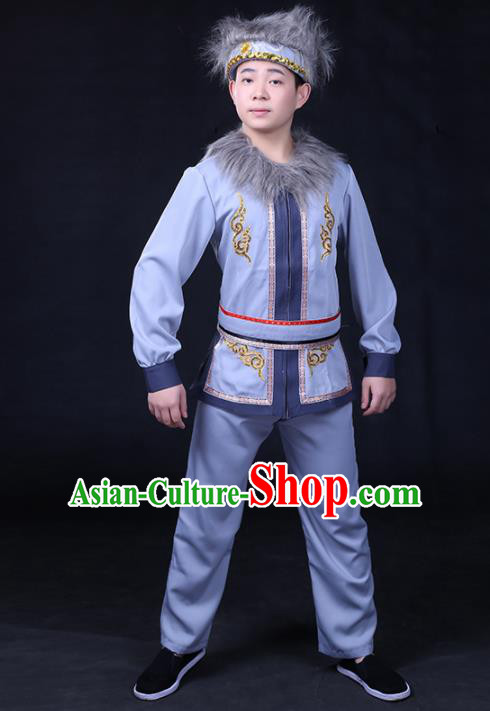 Chinese Traditional Hezhen Nationality Compere Blue Outfits Ethnic Minority Folk Dance Stage Show Festival Costume for Men