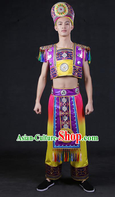 Chinese Traditional Zhuang Nationality Compere Purple Outfits Ethnic Minority Folk Dance Stage Show Festival Costume for Men