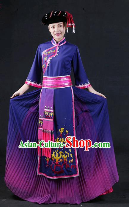 Chinese Traditional Zhuang Nationality Stage Show Purple Dress Ethnic Minority Folk Dance Costume for Women