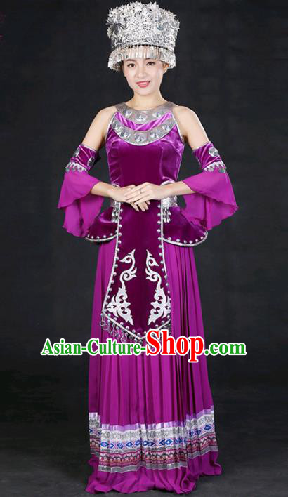 Chinese Traditional Miao Nationality Stage Show Purple Long Dress Ethnic Minority Folk Dance Costume for Women