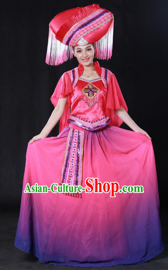 Chinese Traditional Zhuang Nationality Rosy Long Dress Ethnic Minority Folk Dance Stage Show Costume for Women