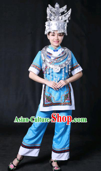 Chinese Traditional Shui Nationality Blue Dress Ethnic Minority Folk Dance Stage Show Costume for Women