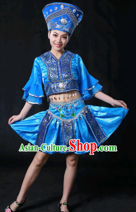 Chinese Traditional Russian Nationality Blue Short Dress Ethnic Minority Folk Dance Stage Show Costume for Women