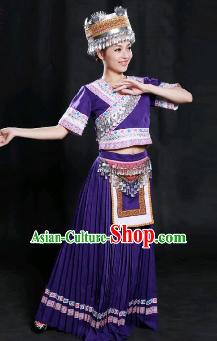 Chinese Traditional Miao Nationality Purple Long Dress Ethnic Minority Folk Dance Stage Show Costume for Women