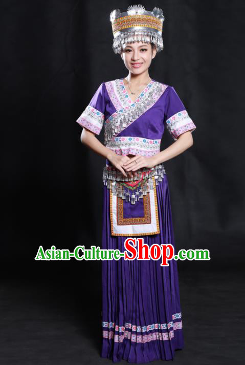 Chinese Traditional Miao Nationality Purple Long Dress Ethnic Minority Folk Dance Stage Show Costume for Women