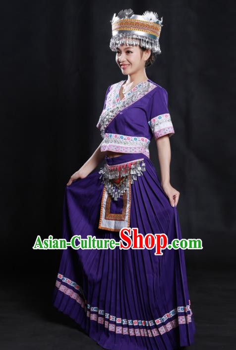 Chinese Traditional Miao Nationality Purple Long Dress Ethnic Minority Folk Dance Stage Show Costume for Women