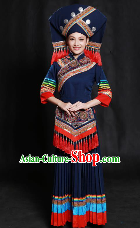 Chinese Traditional Zhuang Nationality Navy Long Dress Ethnic Minority Folk Dance Stage Show Costume for Women