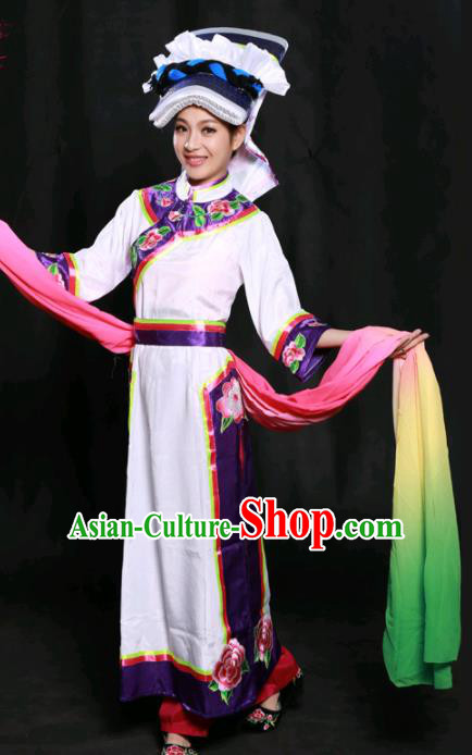 Chinese Traditional Qiang Nationality White Long Dress Ethnic Minority Folk Dance Stage Show Costume for Women