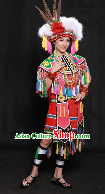 Chinese Traditional Gaoshan Nationality Red Short Dress Ethnic Minority Folk Dance Stage Show Costume for Women