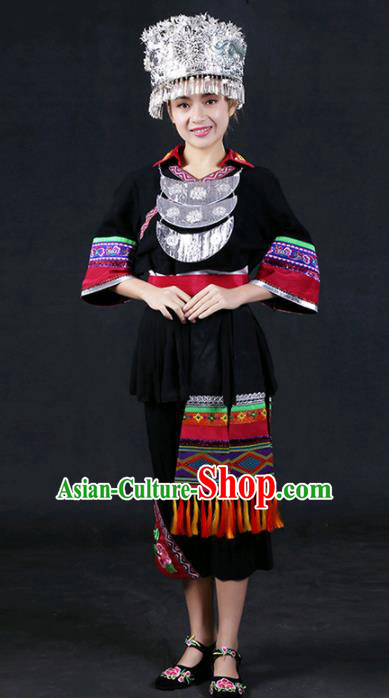 Chinese Traditional Miao Nationality Stage Show Black Dress Ethnic Minority Folk Dance Costume for Women