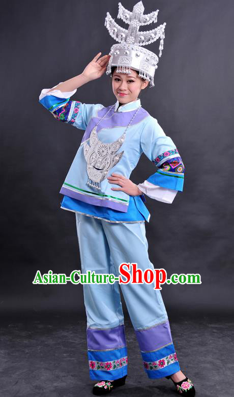 Chinese Traditional Shui Nationality Light Blue Dress Ethnic Minority Folk Dance Stage Show Costume for Women