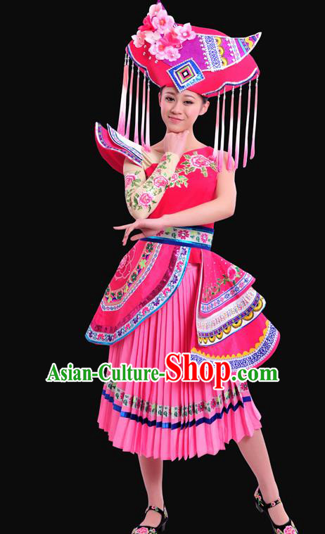 Chinese Traditional Zhuang Nationality Pink Dress Ethnic Minority Folk Dance Stage Show Costume for Women