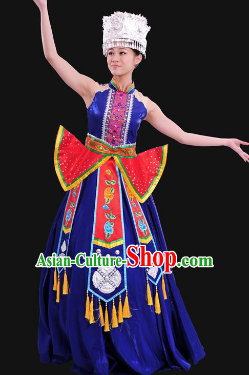 Chinese Traditional Miao Nationality Royalblue Dress Ethnic Minority Folk Dance Stage Show Costume for Women