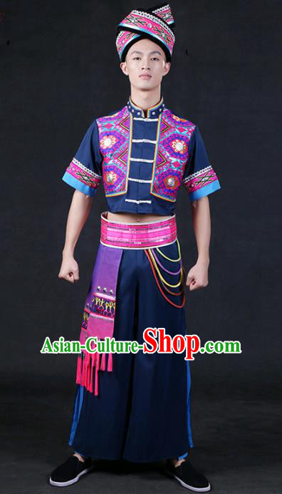 Chinese Traditional Zhuang Nationality Navy Outfits Ethnic Minority Folk Dance Stage Show Compere Festival Costume for Men