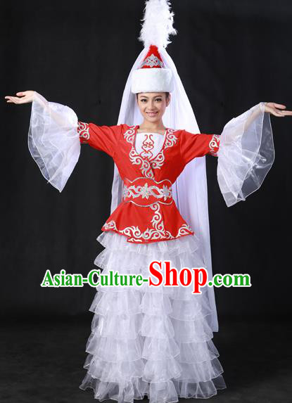 Chinese Traditional Kazak Nationality White Veil Dress Ethnic Minority Folk Dance Stage Show Costume for Women