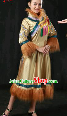 Chinese Traditional Oroqen Nationality Ginger Dress Ethnic Minority Folk Dance Stage Show Costume for Women
