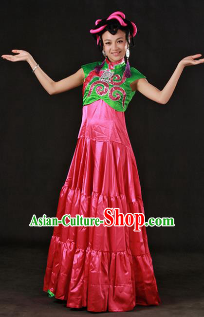 Chinese Traditional Yi Nationality Rosy Dress Ethnic Minority Folk Dance Stage Show Costume for Women