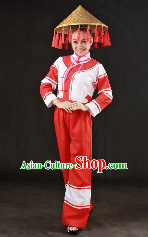 Chinese Traditional Maonan Nationality Red Outfits Ethnic Minority Folk Dance Stage Show Costume for Women