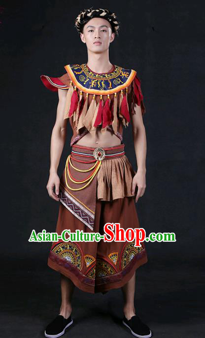 Chinese Traditional Zhuang Nationality Brown Outfits Ethnic Minority Folk Dance Stage Show Compere Festival Costume for Men