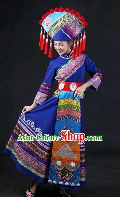 Chinese Traditional Guangxi Zhuang Nationality Stage Show Blue Dress Ethnic Minority Folk Dance Costume for Women