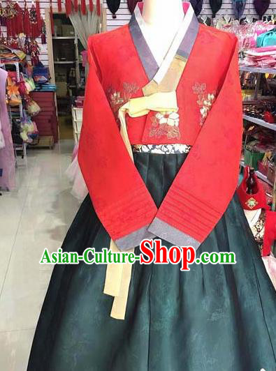Korean Traditional Hanbok Red Blouse and Atrovirens Dress Asian Korea Princess Fashion Costume for Women