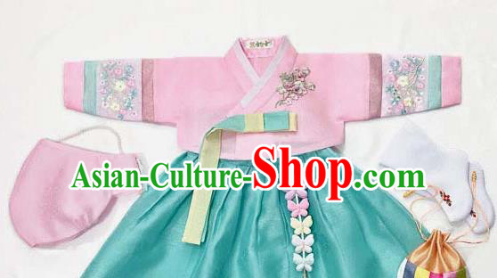 Korean Traditional Hanbok Birthday Pink Blouse and Green Dress Outfit Asian Korea Fashion Costume for Kids