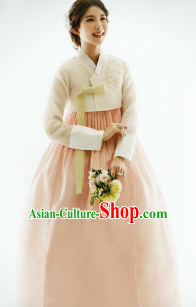 Korean Traditional Hanbok Bride White Blouse and Pink Dress Outfits Asian Korea Fashion Costume for Women