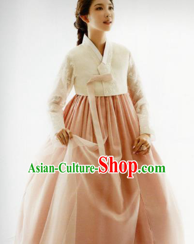 Korean Traditional Hanbok Bride Beige Blouse and Pink Dress Outfits Asian Korea Fashion Costume for Women