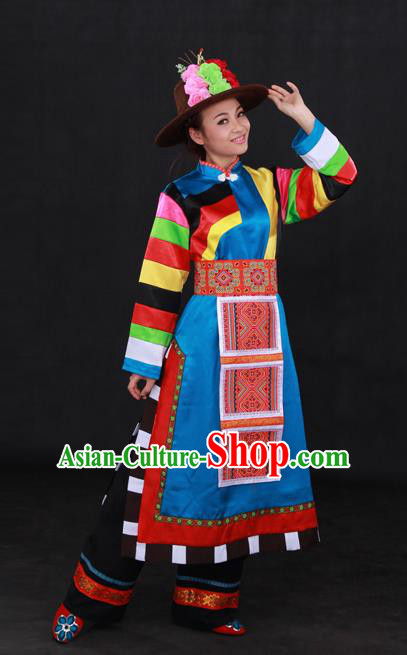 Chinese Traditional Tu Nationality Blue Dress Ethnic Minority Folk Dance Stage Show Costume for Women