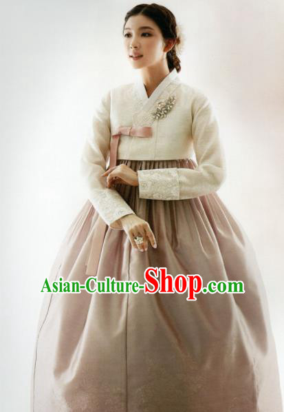 Korean Traditional Hanbok Mother White Blouse and Cameo Brown Dress Outfits Asian Korea Wedding Fashion Costume for Women