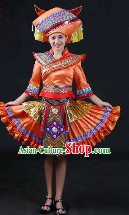 Chinese Traditional Zhuang Nationality Stage Show Orange Short Dress Ethnic Minority Folk Dance Costume for Women