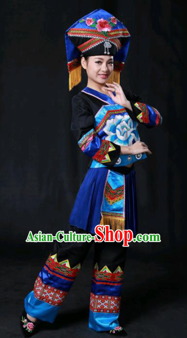 Chinese Traditional Guangxi Zhuang Nationality Stage Show Black Outfits Ethnic Minority Folk Dance Costume for Women