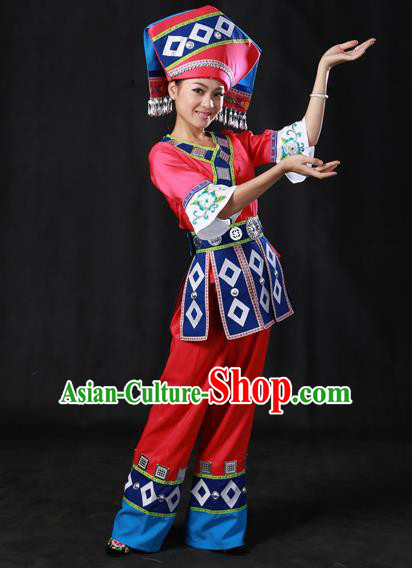 Chinese Traditional Zhuang Nationality Rosy Outfits Ethnic Minority Folk Dance Stage Show Costume for Women