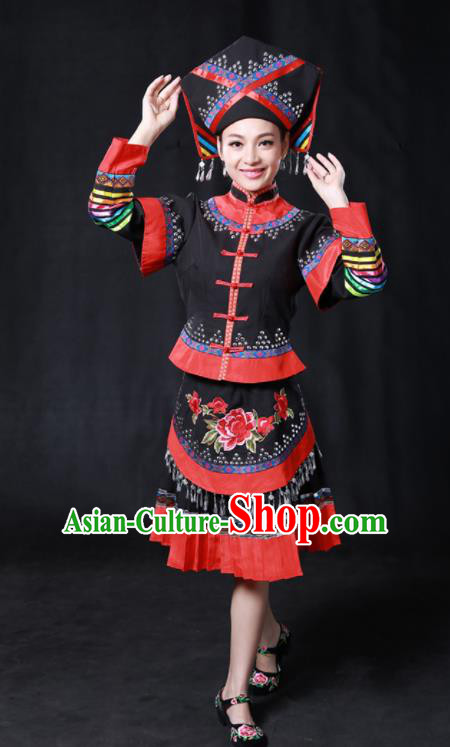 Chinese Traditional Guangxi Zhuang Nationality Stage Show Black Short Dress Ethnic Minority Folk Dance Costume for Women