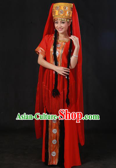 Chinese Traditional Tajik Nationality Red Dress Ethnic Minority Folk Dance Stage Show Costume for Women