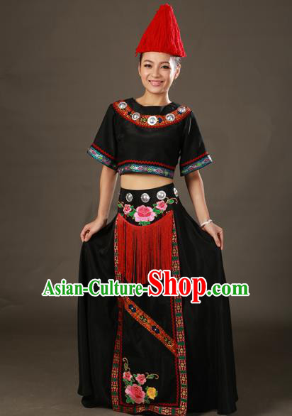 Chinese Traditional Gelao Nationality Black Dress Ethnic Minority Folk Dance Stage Show Costume for Women