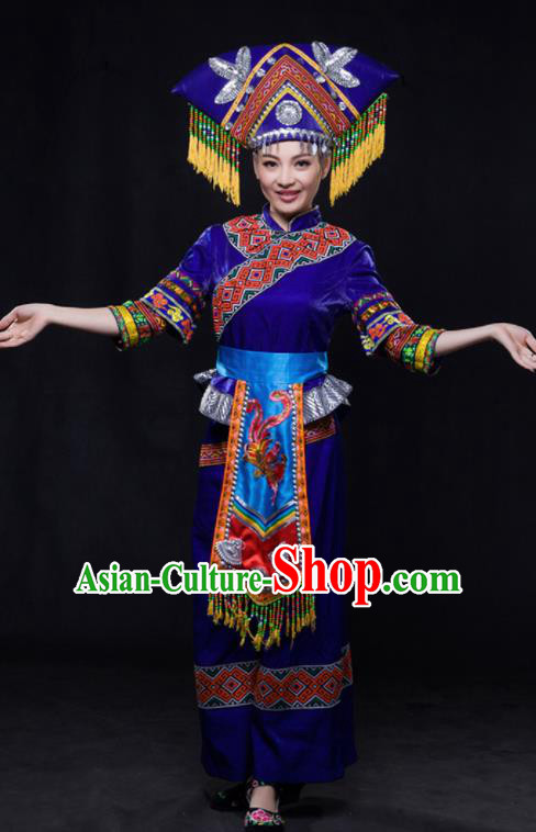 Chinese Traditional Guangxi Zhuang Nationality Royalblue Outfits Ethnic Minority Folk Dance Stage Show Costume for Women