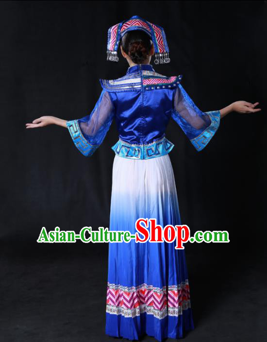 Chinese Traditional Guangxi Zhuang Nationality Royalblue Dress Ethnic Minority Folk Dance Stage Show Costume for Women