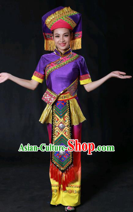 Chinese Traditional Guangxi Zhuang Nationality Purple Outfits Ethnic Minority Folk Dance Stage Show Costume for Women