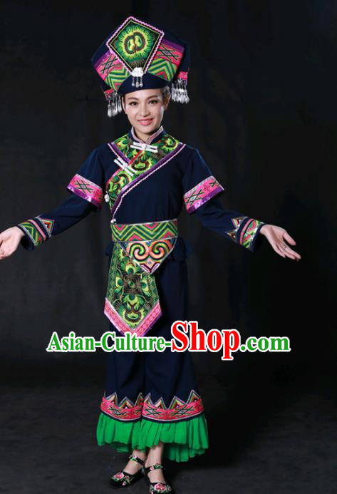 Chinese Traditional Guangxi Zhuang Nationality Navy Outfits Ethnic Minority Folk Dance Stage Show Costume for Women