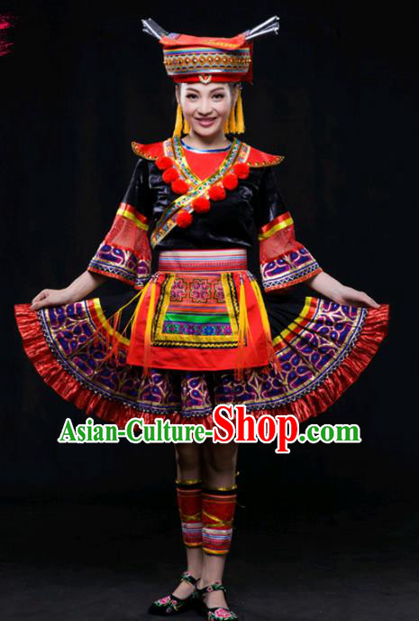 Chinese Traditional Yao Nationality Short Dress Ethnic Minority Folk Dance Stage Show Costume for Women