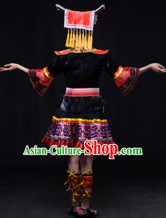 Chinese Traditional Yao Nationality Short Dress Ethnic Minority Folk Dance Stage Show Costume for Women