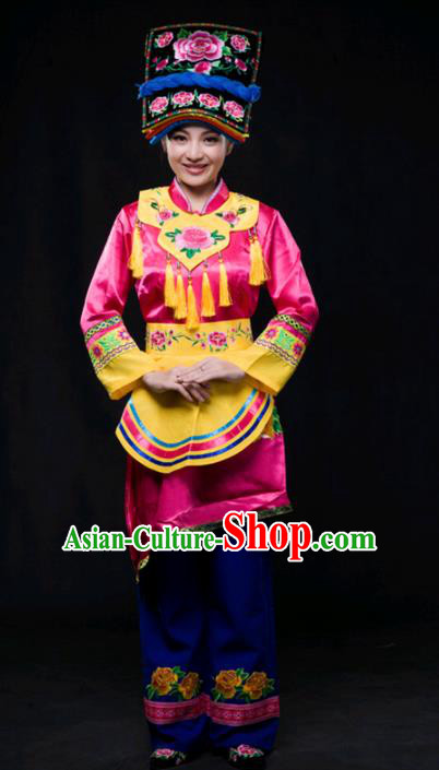 Chinese Traditional Qiang Nationality Rosy Outfits Ethnic Minority Folk Dance Stage Show Costume for Women