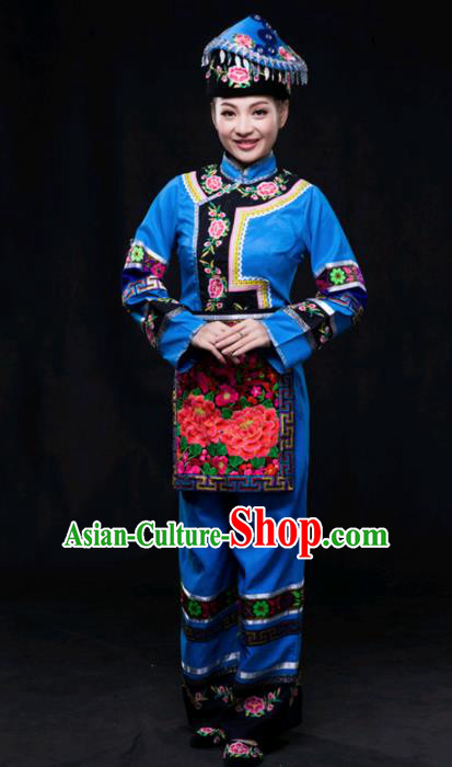 Chinese Traditional Maonan Nationality Blue Outfits Ethnic Minority Folk Dance Stage Show Costume for Women