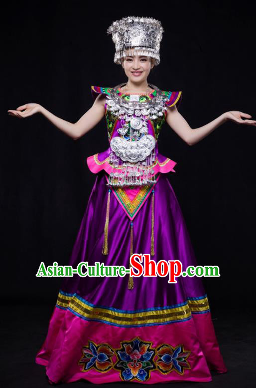 Chinese Traditional Miao Nationality Wedding Purple Dress Ethnic Minority Folk Dance Stage Show Costume for Women