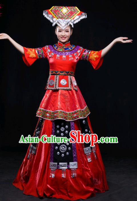 Chinese Traditional Zhuang Nationality Wedding Red Dress Ethnic Minority Folk Dance Stage Show Costume for Women