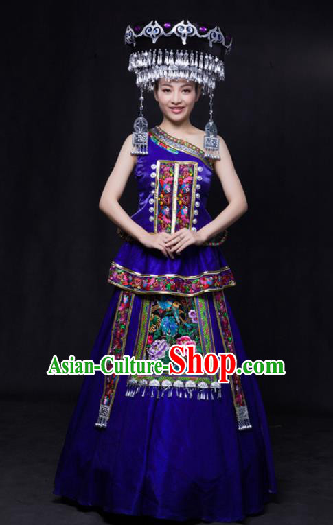 Chinese Traditional Miao Nationality Wedding Royalblue Dress Ethnic Minority Folk Dance Stage Show Costume for Women