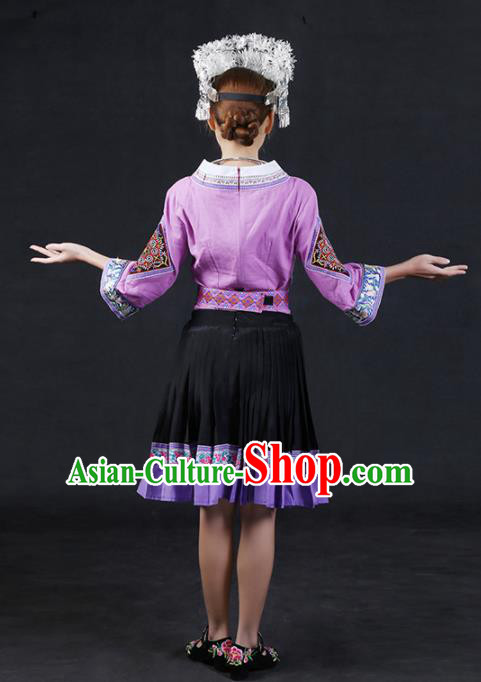 Chinese Traditional Miao Nationality Stage Show Lilac Short Dress Ethnic Minority Folk Dance Costume for Women