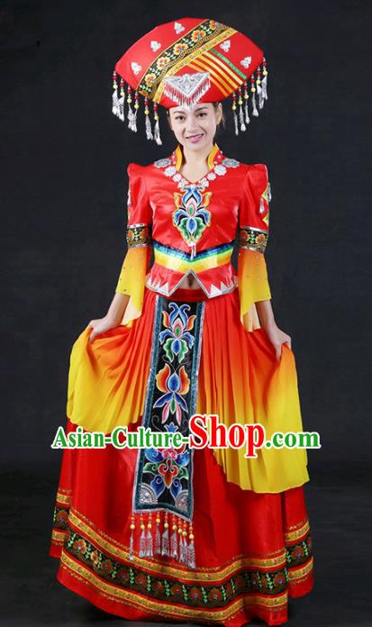 Chinese Traditional Zhuang Nationality Stage Show Red Long Dress Ethnic Minority Folk Dance Costume for Women