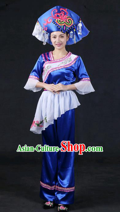 Chinese Traditional Zhuang Nationality Stage Show Royalblue Dress Ethnic Minority Folk Dance Costume for Women